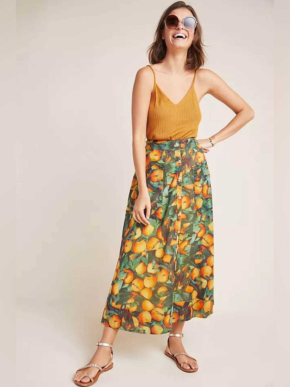Anthropologie Summer orchard Lemon Print Maxi Skirt - Green & Orange size 10 - Picture 2 of 8